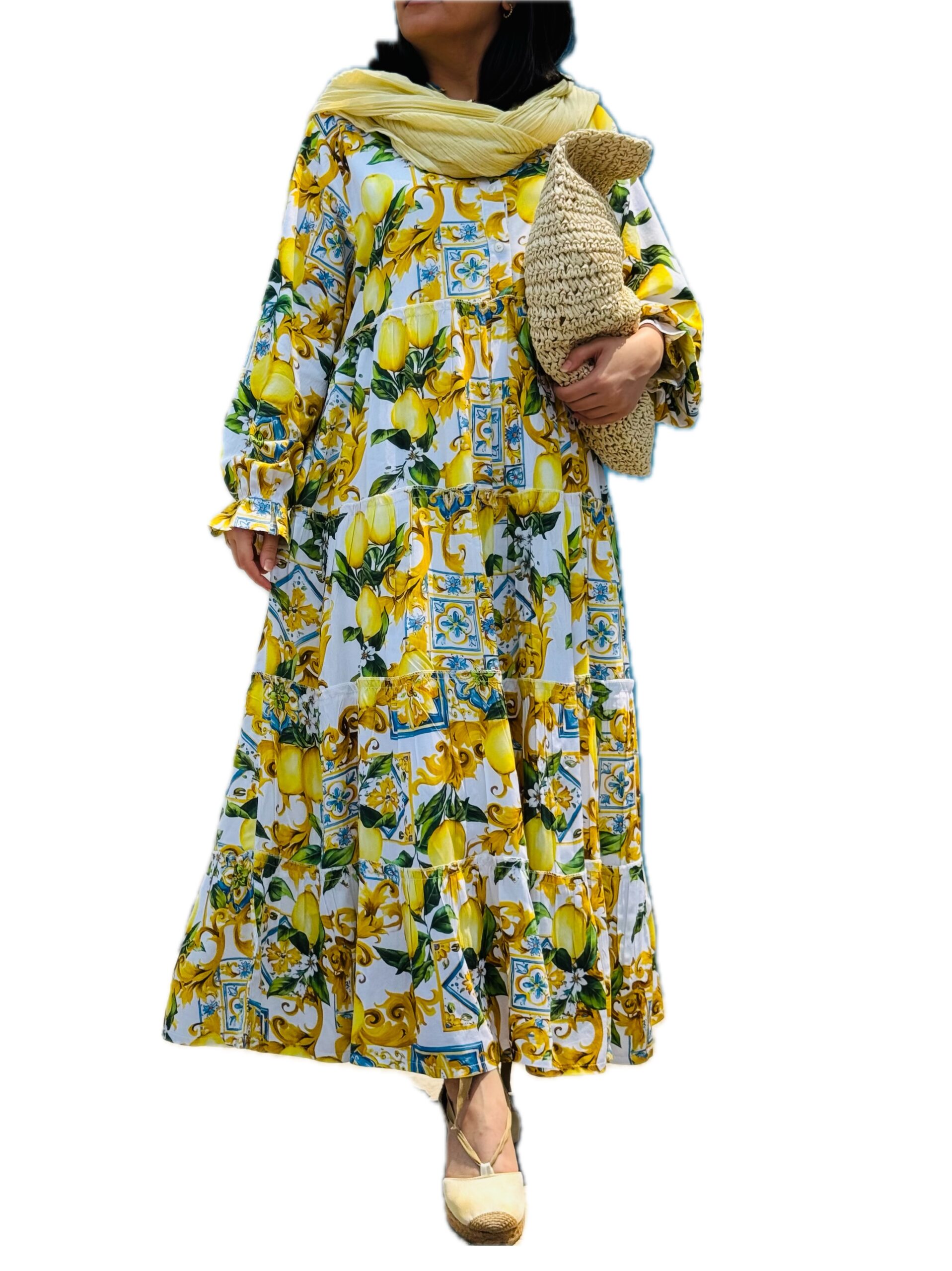 پیراهن تمام نخ چین دار مدل لمون سفید زرد فری سایز تا 46 کد 4112501