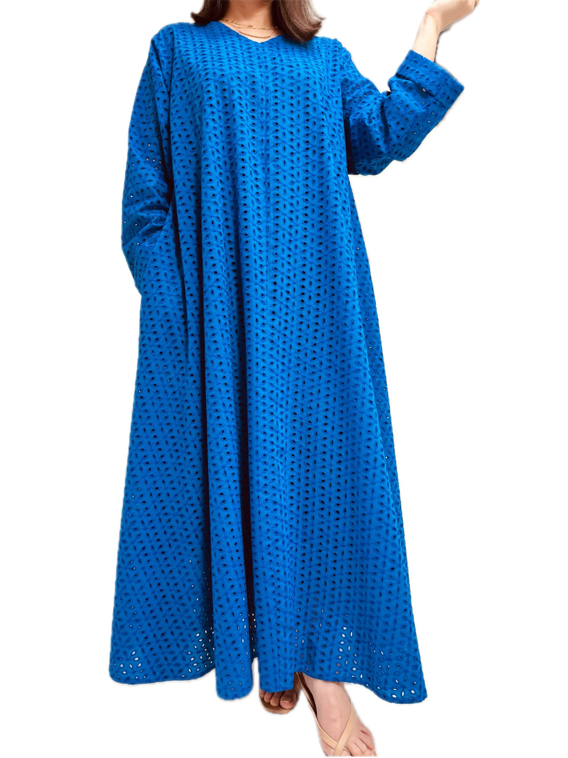 پیراهن خامه دوزی کلوش مدل وندا آبی فری سایز تا 46 کد 4112502